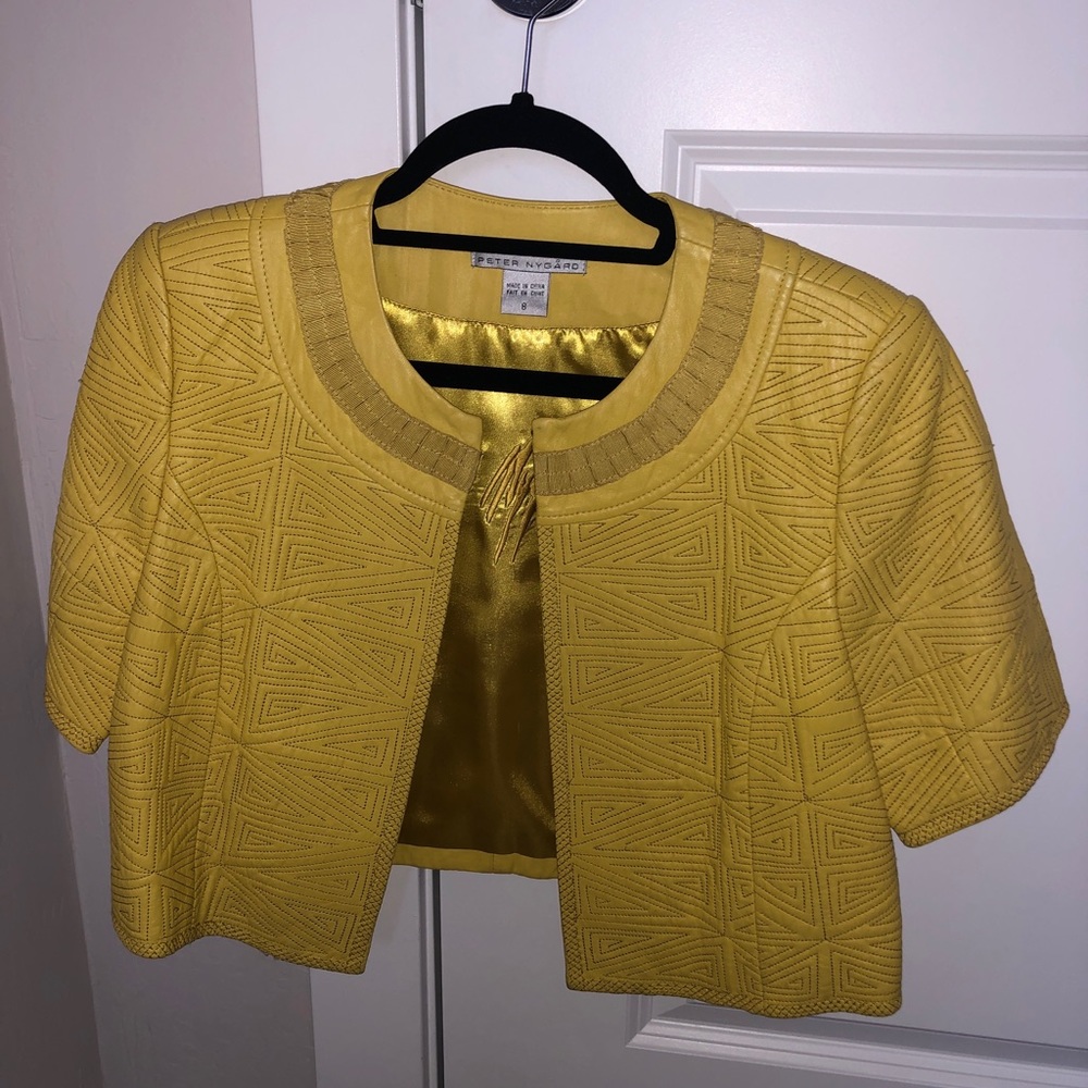 PETER NYGARD Yellow Embroidered Aztec Cropped Leather Jacket Cardigan Sz 8.